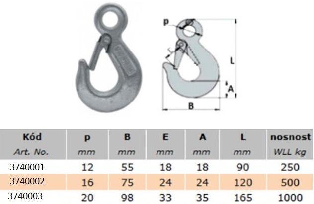 Hák s okem - rozměry Hák s okem - rozměry