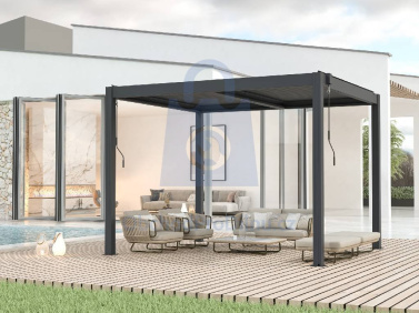 Elegantní hliníková pergola s pevným zastřešením pro celoroční využití Moderní hliníková pergola v antracitové barvě s pevnou střechou poskytuje stylové a odolné zastřešení terasy. Ideální pro ochranu před deštěm i sluncem.