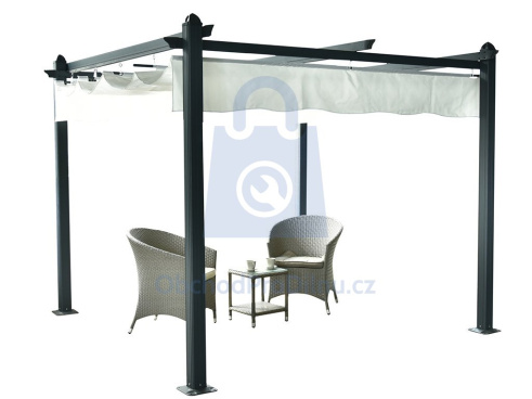 Hliníková pergola – moderní stínění s nadčasovým designem Na obrázku je moderní hliníková pergola s čistými liniemi, umístěná nad prostornou terasou s venkovním posezením.