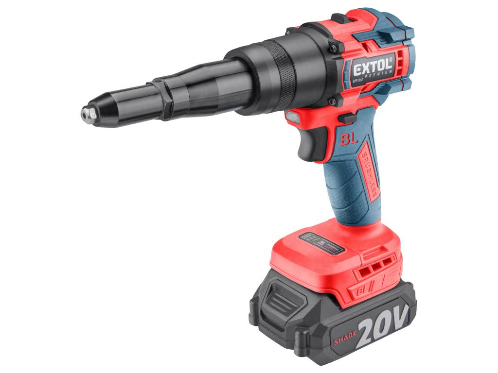 Pistole nýtovací BRUSHLESS aku, SHARE20V, EXTOL PREMIUM
