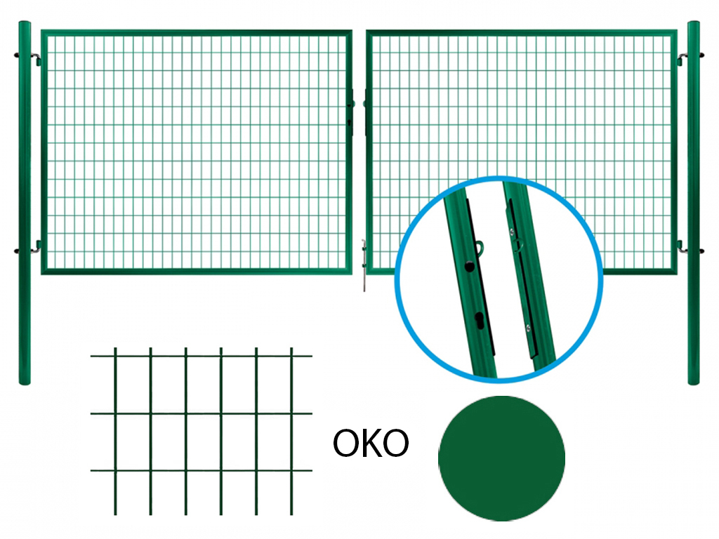 Brána dvoukřídlá, zelená, svařovaná výplň, OKO, SOLID