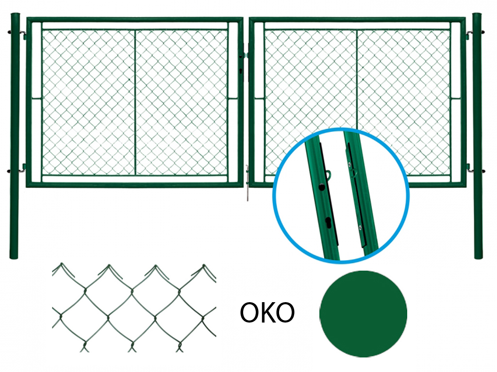 Brána dvoukřídlá IDEAL, výplň pletivo PVC, OKO, včetně dvou sloupků