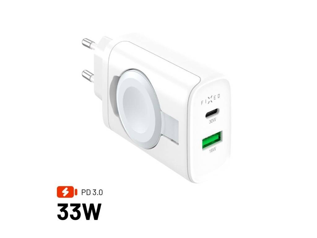 Síťová nabíječka FIXED Power Socket s USB-A a USB-C výstupem a vyklápěcí nabíječkou pro Apple Watch, 33W