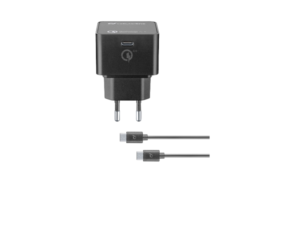 Set USB-C sieťovej nabíjačky Cellularline (PD) a 1m kábla s konektormi USB-C, max. 30 W, Qualcomm® Quick Charge™ 4+