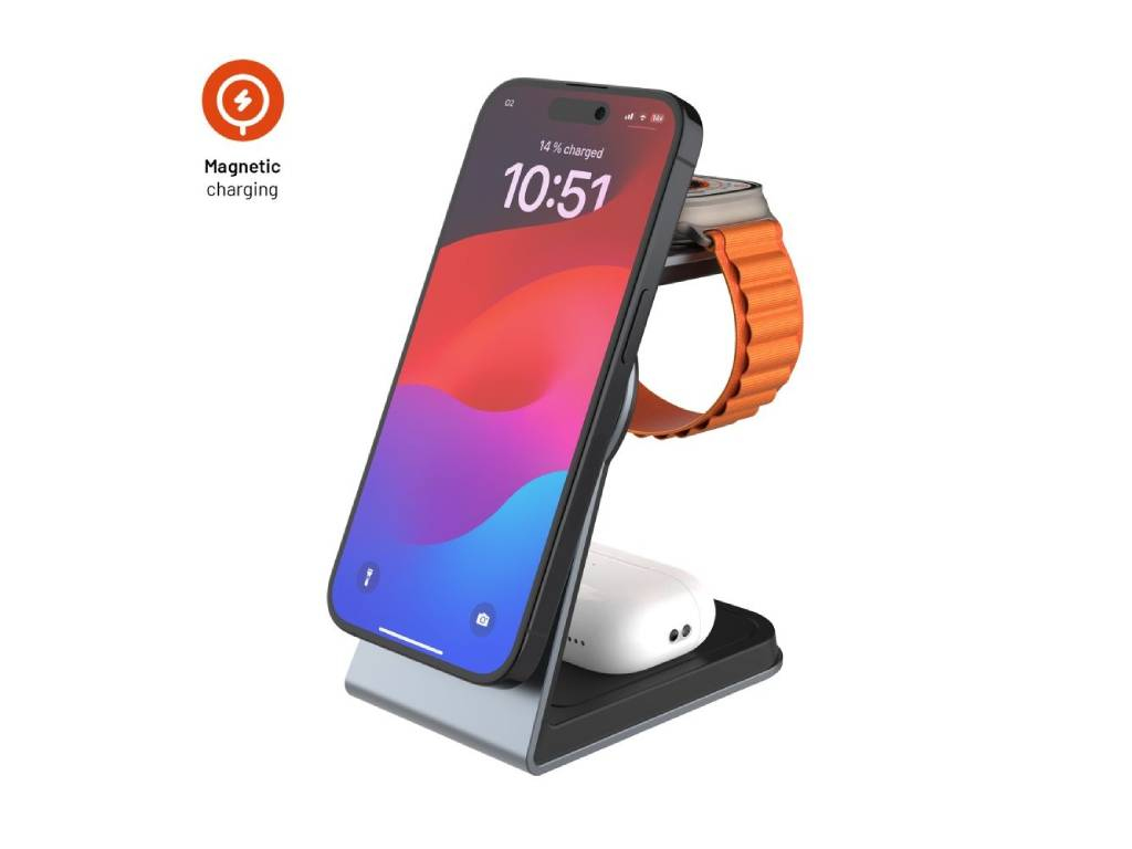 Stojánek s bezdrátovým nabíjením 3v1 FIXED MagPowerstation Alu s podporou MagSafe