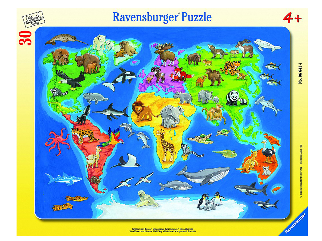Puzzle mapa sveta so zvieratami 30 dielikov