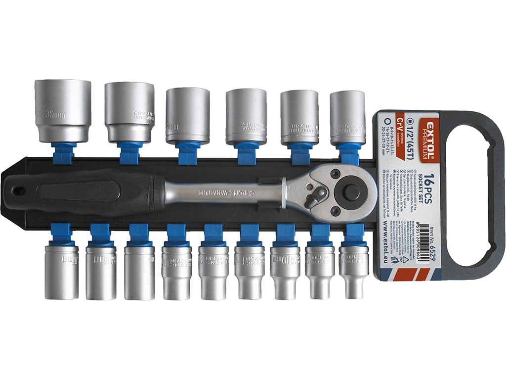 Sada 1/2" nástrčných hlavíc s račňou, 16 dielov, EXTOL PREMIUM