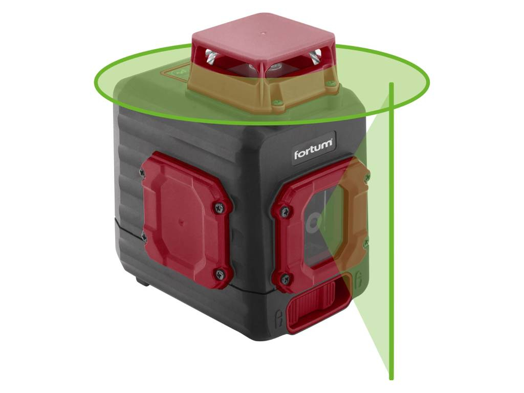 Laser zelený líniový, krížový samonivelačný, horizontálne 360°, FORTUM