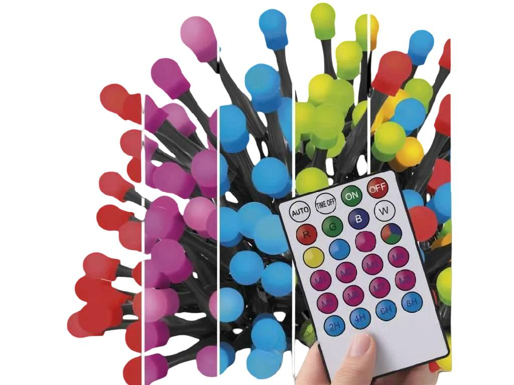 Reťaz vianočná cherry LED, guľôčky, RGB, ovládač, programy, časovač, EMOS