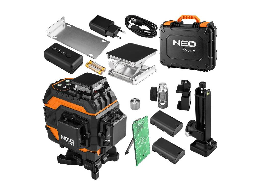 Krížový laser 3D zelený, 25 m, 16 čiar, s magnetickým držiakom a kufrom, NEO Tools