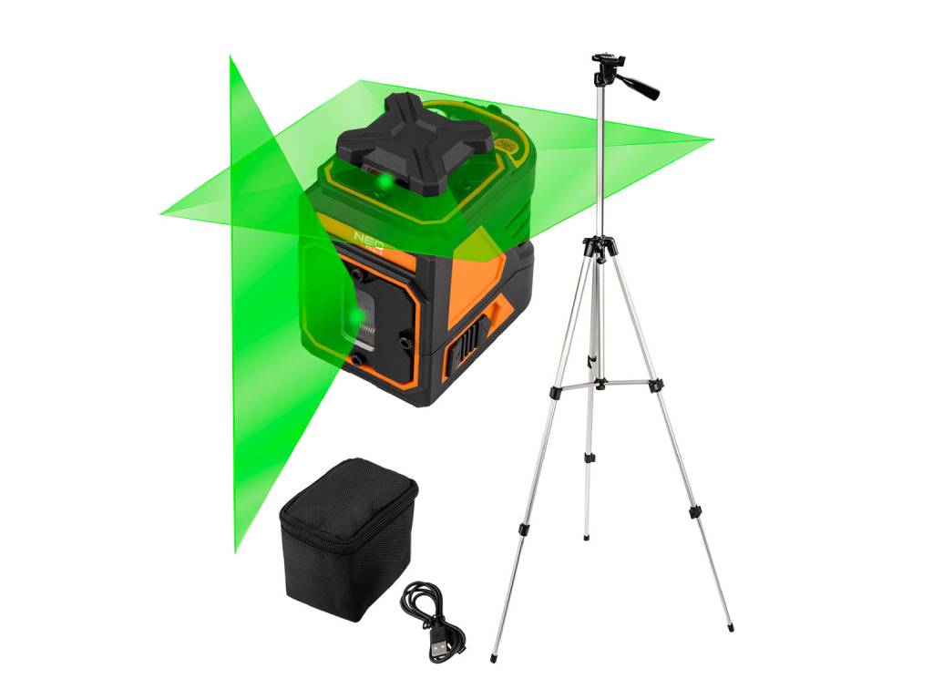 Rovinný laser zelený, 30 m, 5 čiar, so statívom a puzdrom, NEO Tools