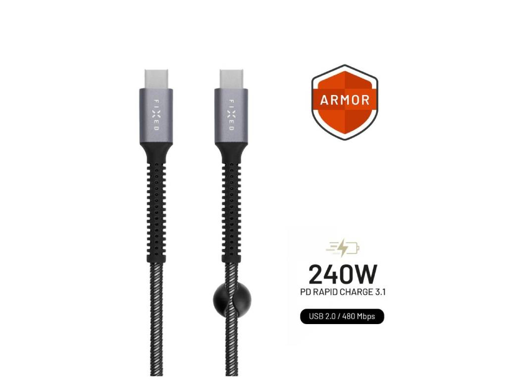 Nabíjací a dátový odolný kábel FIXED Armor s konektormi USB-C/USB-C, 240W