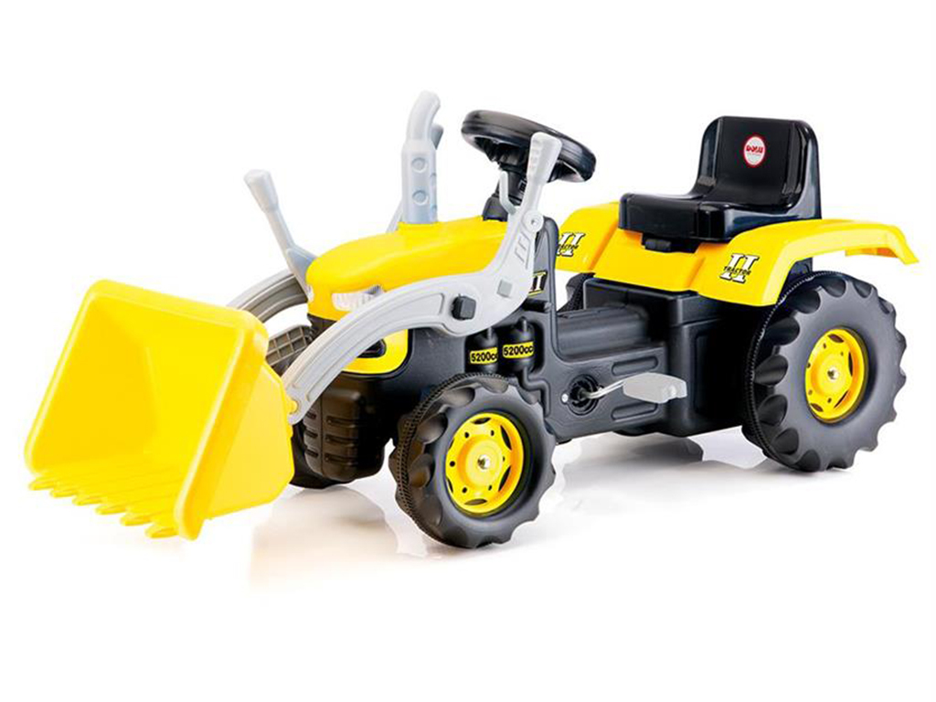 Veľký šliapací traktor s rýpadlom, žltý
