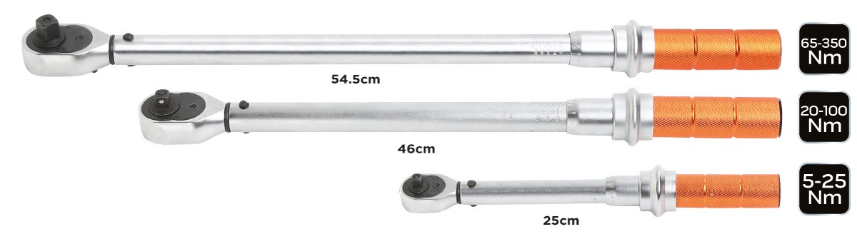 Porovnání momentových klíčů NEO Tools 08-843 s rozsahy 5–25, 20–100 a 65–350 Nm