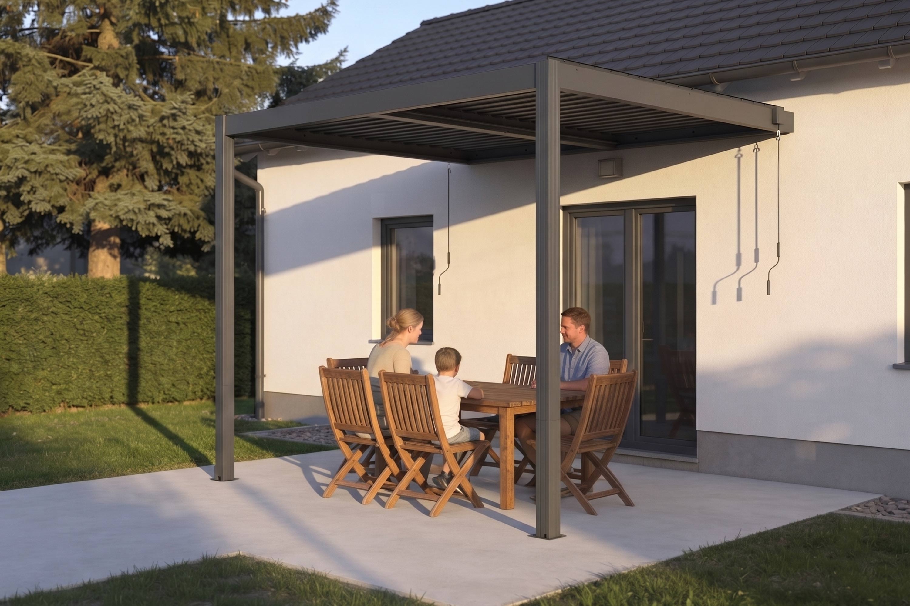 Bioklimatická pergola G21 Trenton Premium určená k montáži ke stěně