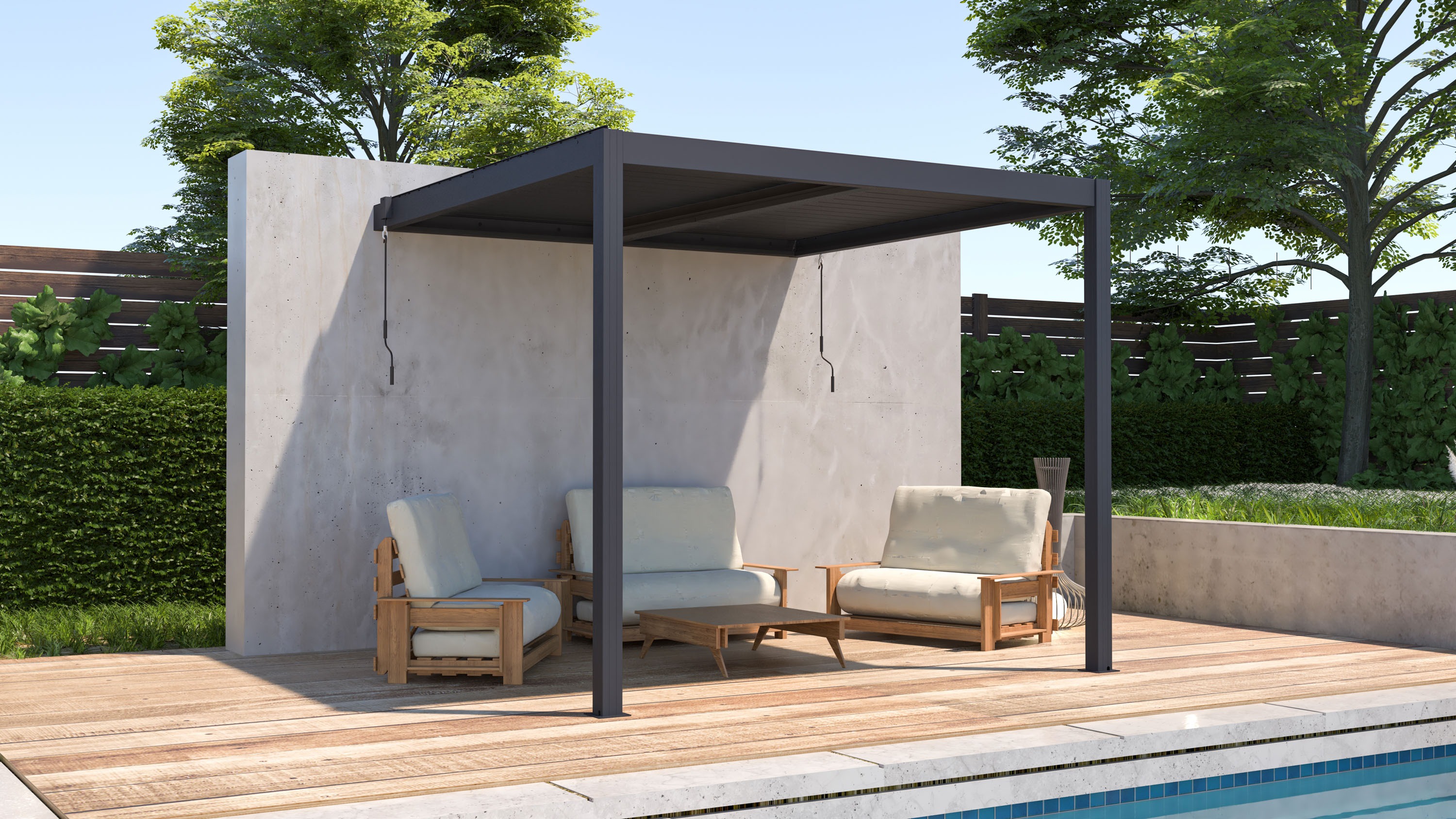 Bioklimatická hliníková pergola G21 Trenton Premium v antracitovém provedení instalovaná ke stěně