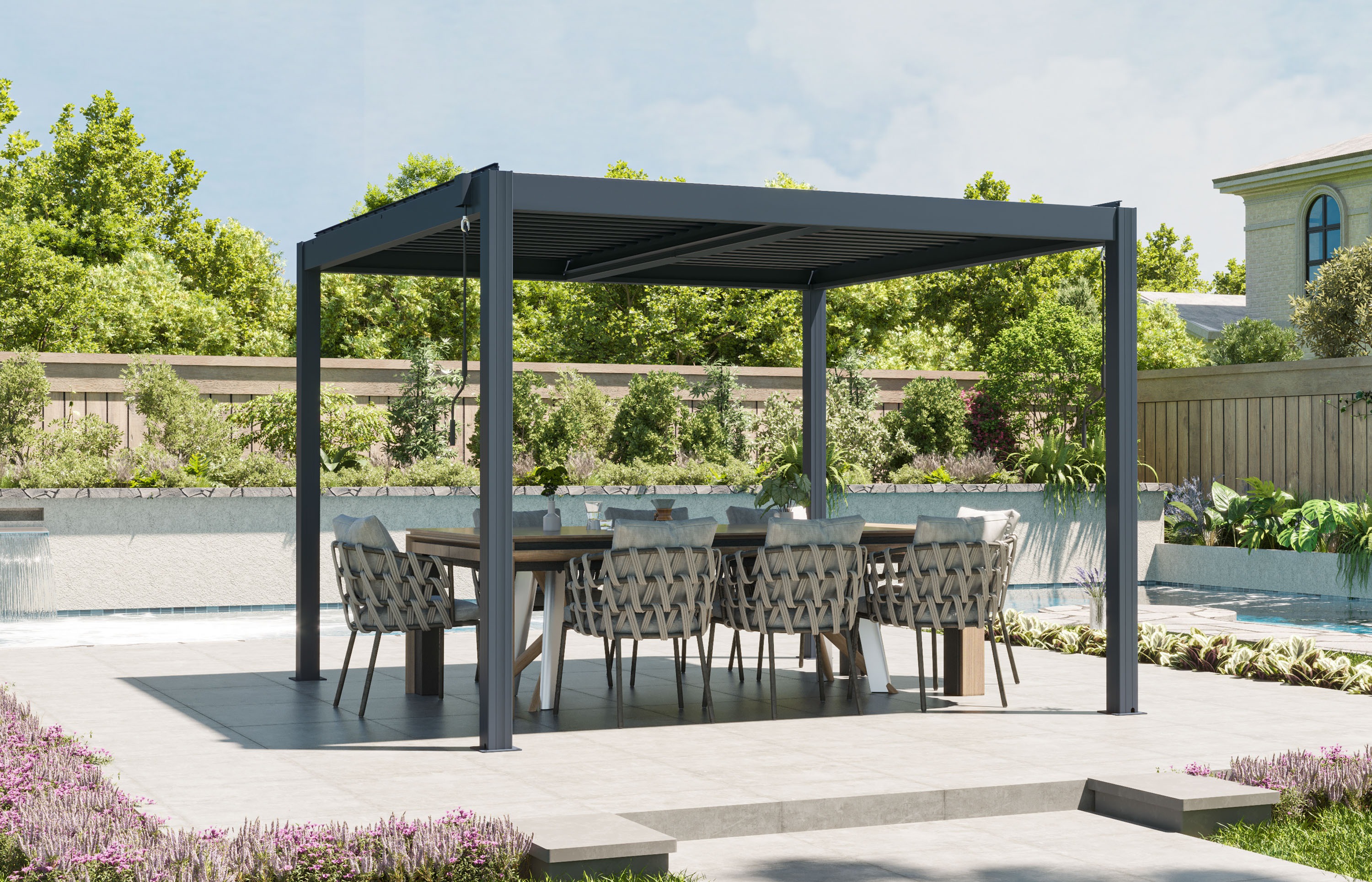 Bioklimatická hliníková pergola G21 Austin Premium v antracitovém provedení nad venkovním posezením