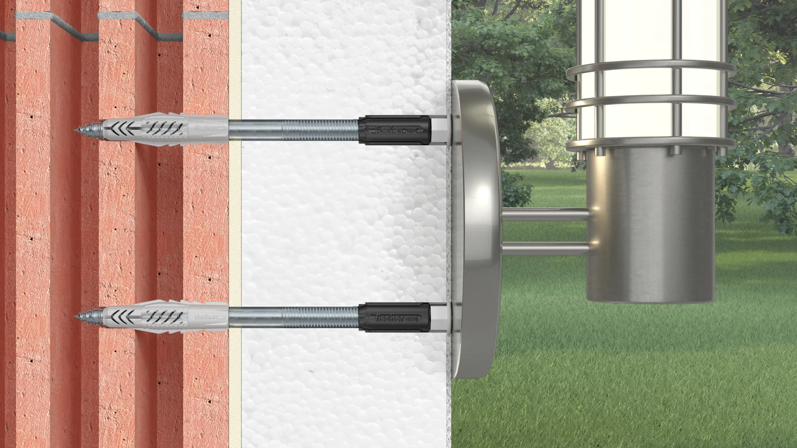 Použití fischer TherMax 8 a 10 pro upevnění prvku přes zateplenou fasádu