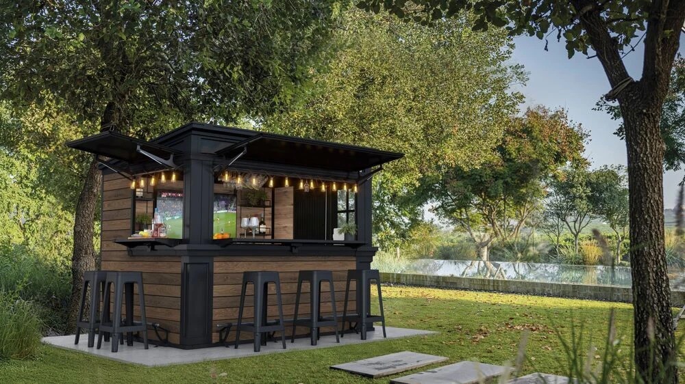 Zahradní domek Keter Deco Bar Duo Walnut a antracit s venkovním barovým pultem